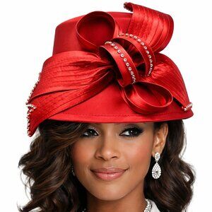 Red Satin Church Hat w/ Rhinestone Bow